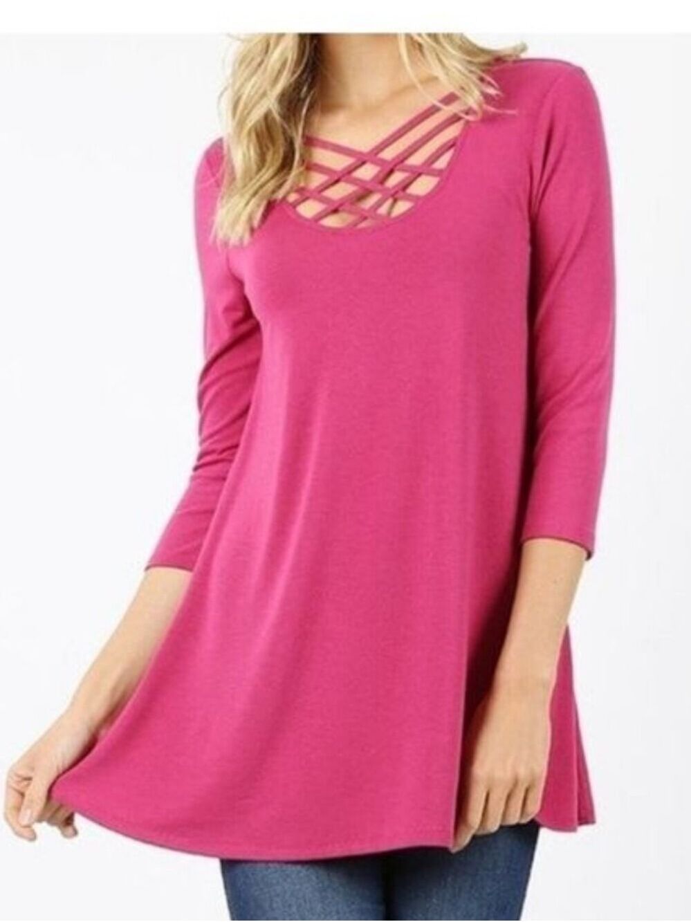 ZENANA Criss-Cross Neckline 3/4 Sleeve Pink Top Tunic Size Large NWT
